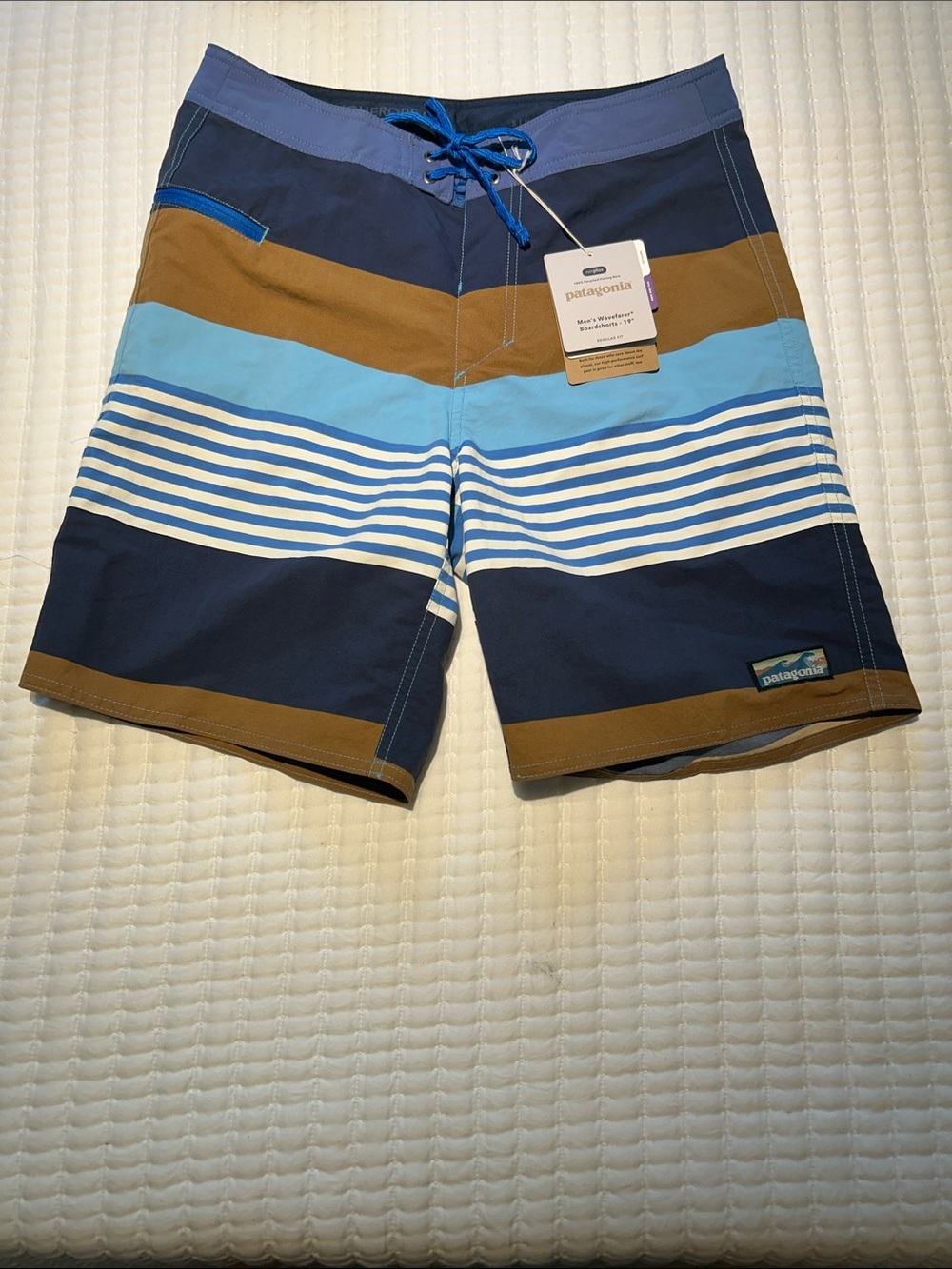 Patagonia Men's Navy, Light Blue & Brown Striped Board Shorts